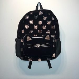 NWOTS Black Cat Velvet Backpack Daypack Portable Shoulder Bag Rose Gold Details